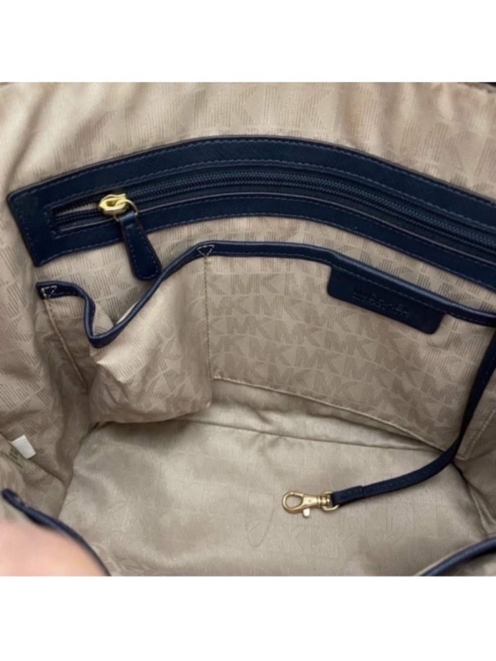 Michael Kors Top Zip Shoulder Bag Double Straps Large Tote Purse Navy Blue Gold - Picture 5 of 13